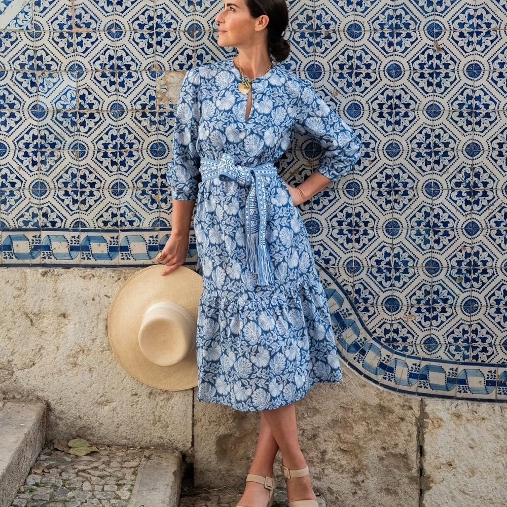 J. McLaughlin Small Cerina Silk Floral Print Belted Midi Dress Palmilla Blue NWT